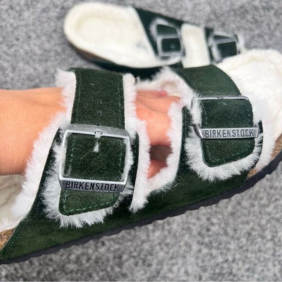 Sz 46 Birkenstock Men’s Forest Green Shearling Suede Shearling Slide Sandals - Picture 8 of 10